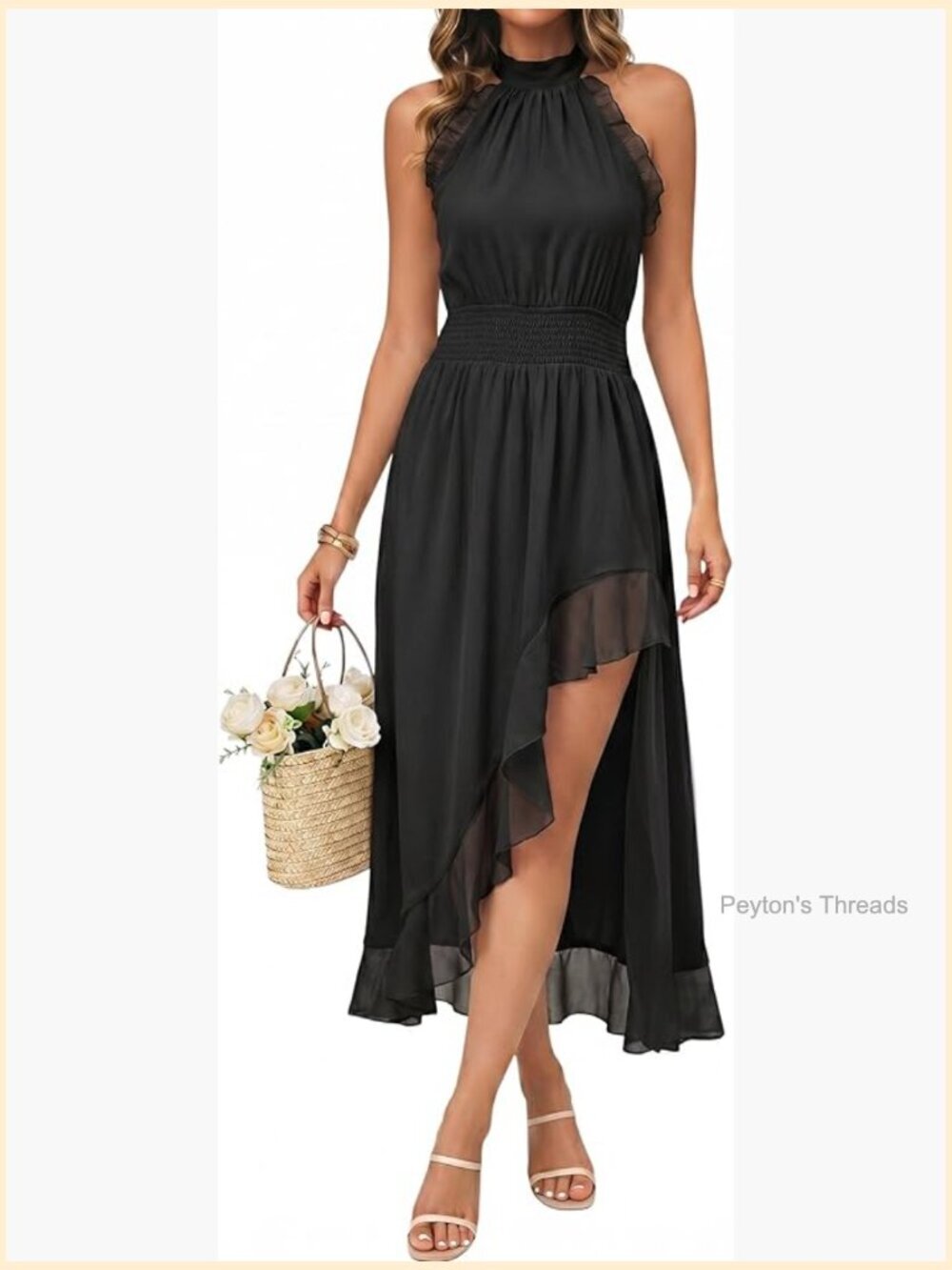 Halter Sleeveless Ruffle Beach Backless High Low Hem Flowy Midi Dress